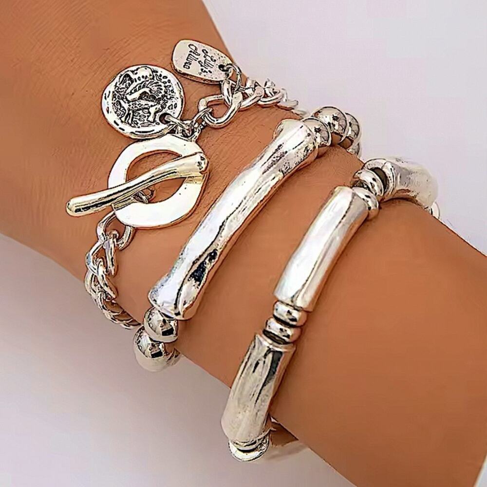 Stainless Steel Bracelet Set Chain Link Bamboo Statement Silver